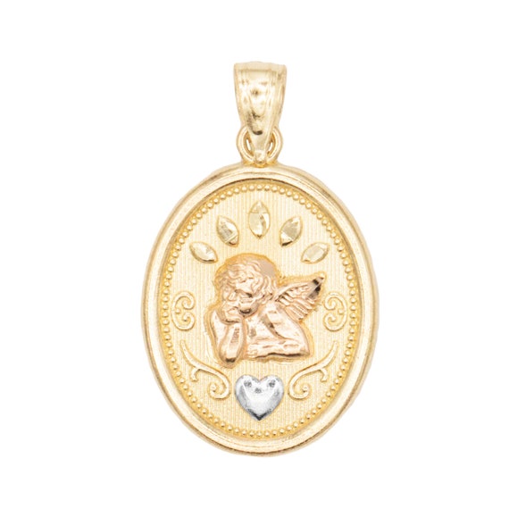 Solid 14K Yellow Gold Guardian Angel Medallion Charm Pendant - Handmade Textured Round Charm