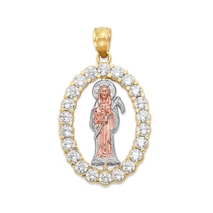 Gold Santa Muerte Pendant with CZ Stones for Necklace 10k & 14k Dia De Los Muertos Gifts Grim Reaper Charm Jewelry Spiritual Gifts for Women