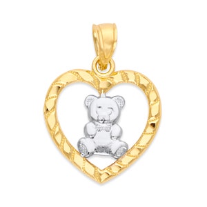 Collana con ciondolo a forma di orsetto in oro massiccio 10k: ciondolo a cuore bicolore