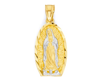 10k Solid Gold Virgin Mary Necklace: Diamond Cut Our Lady of Guadalupe Pendant