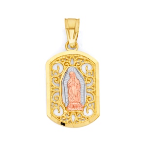 14k Tricolor Gold Virgen De Guadalupe Pendant Necklace: Diamond Cut
