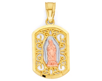 14k Tricolor Gold Virgen De Guadalupe Pendant Necklace: Diamond Cut