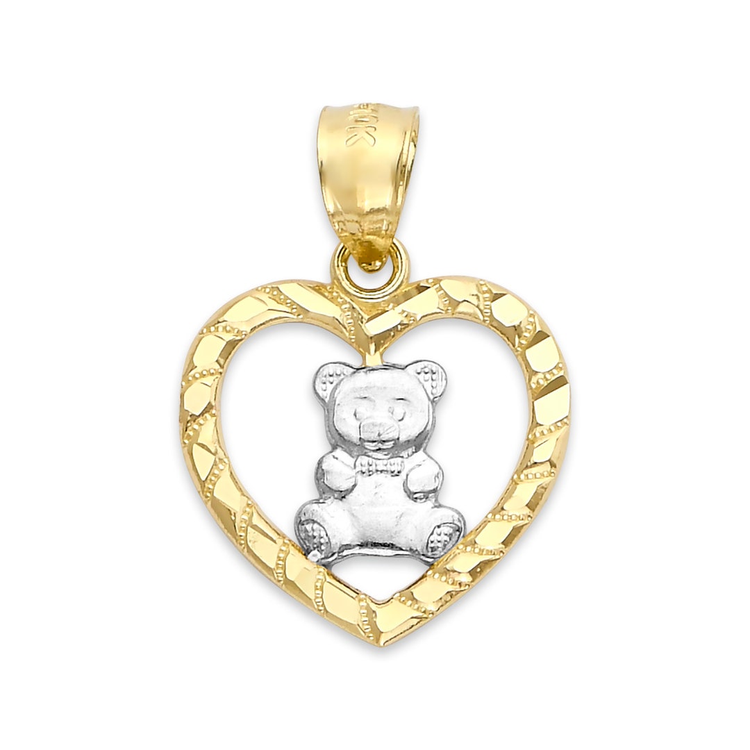 Real Solid Gold Teddy Bear Heart Pendant in 10k or 14k, Cute Jewelry