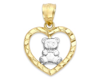 Solid Gold Teddy Bear Heart Pendant: 10k/14k Dainty Charm Jewelry Gift