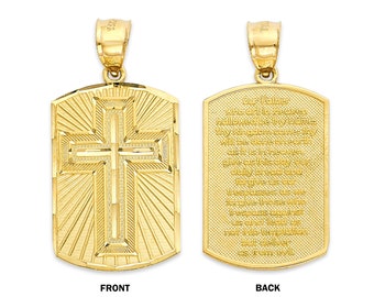 Real Solid 10k or 14k Gold The Lord's Prayer Pendant for Necklace Gold Spanish Prayer Cross Dog Tag Charm Religious Jewelry for Him and Her