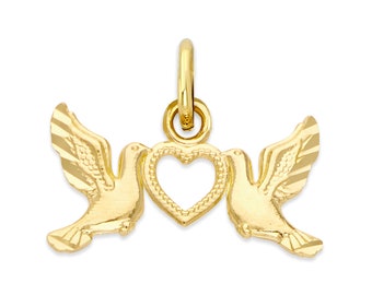 Colgante de corazón con pájaros del amor en oro macizo de 14 k: dije de paloma romántica