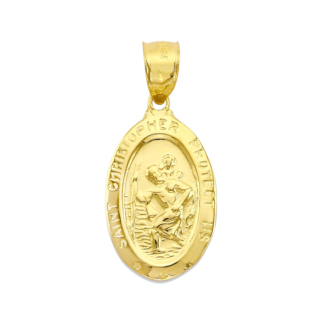 Solid Gold Saint Christopher Pendant Available in 10k or 14k Gold, Antique Finish Religious