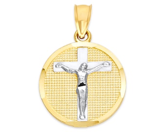 Collar con crucifijo de oro macizo de 14k: colgante religioso bicolor con corte de diamante.