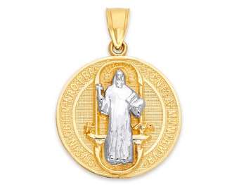 Dainty 14k Gold Saint Benedict Medallion Pendant - Solid Gold San Benito Medal for Necklace