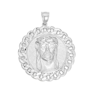 925 Sterling Silver Jesus Head Pendant with Cuban Link Detail Jesus Piece Pendant for Necklace Catholic Gifts For Him