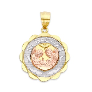 Driekleurige Mi Bautizo-hanger in 10 of 14 kt, doop cadeau jongen heilige familie medaille, doopcadeaus voor kinderen, religieuze sieraden
