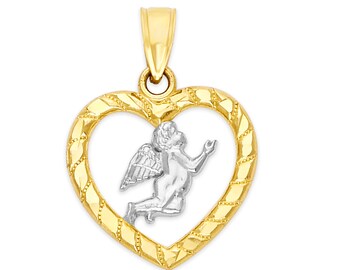 Colgante Corazón de Ángel Guardián - Collar de Querubín bicolor de oro macizo de 10k