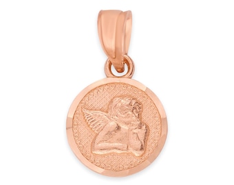 14k Solid Rose Gold Angel Pendant Necklace: Diamond Cut Religious Gift