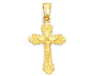 Solid 14k Gold Crucifix Pendant - Religious Jewelry Baptism Cross with Diamond Cut