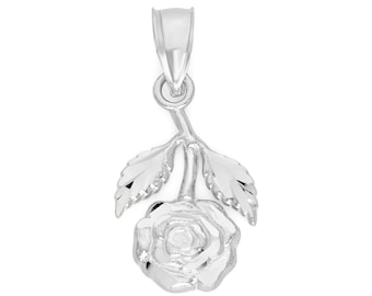 14k Solid White Gold Rose Pendant Necklace: Diamond Cut Floral Jewelry