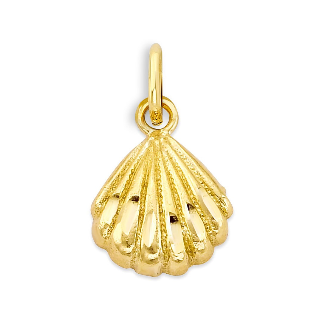 14K Solid Gold Seashell Charm: Diamond Cut Scallop Shell Pendant - Etsy