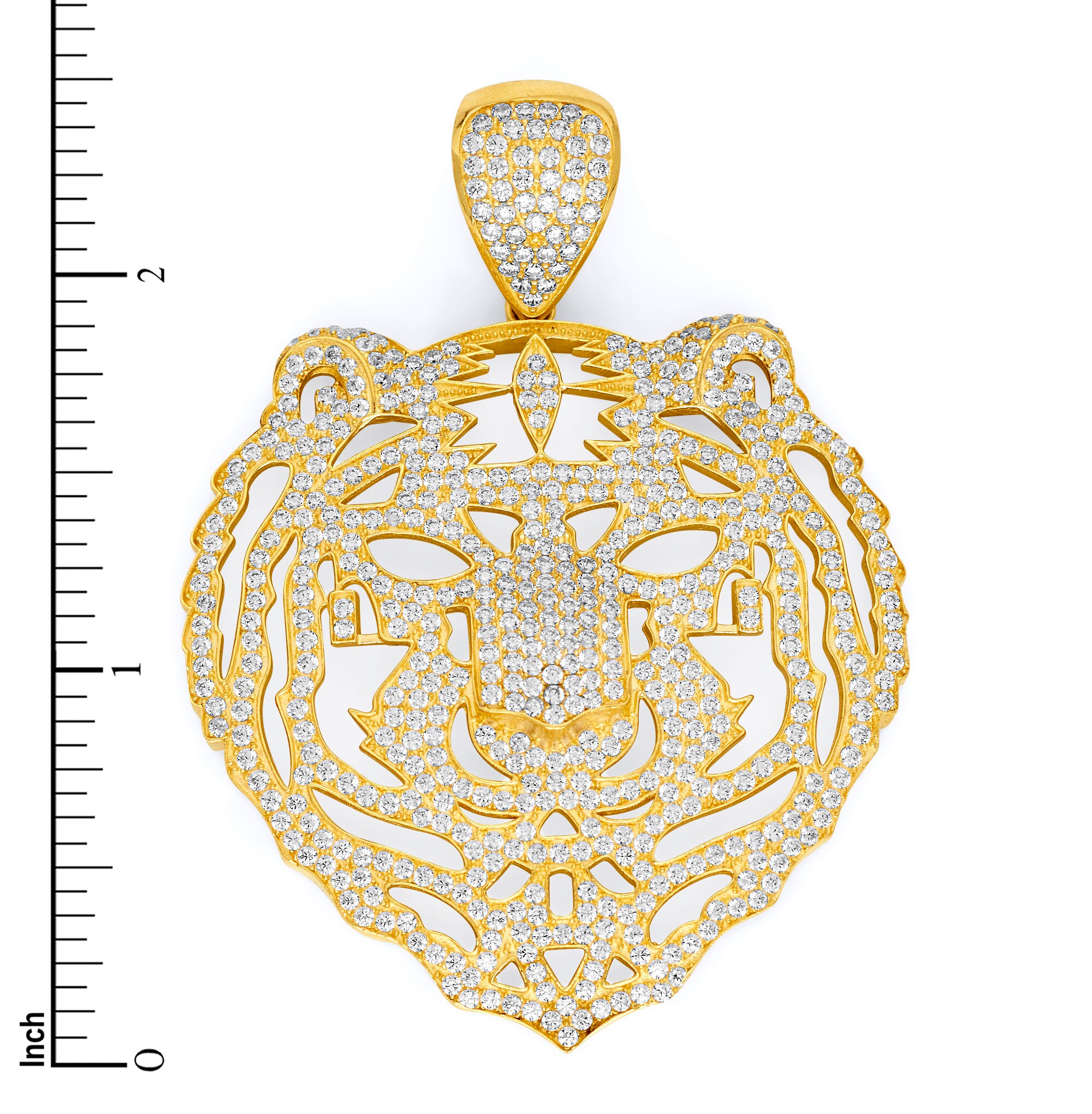 10k Gold Tiger Head Pendant With CZ Stones, Extra Large Hip