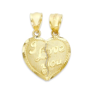 Real Solid Gold Breaking Heart Pendant in 10k or 14k, I Love You Heart Pendant Meant to be Shared Between Couples