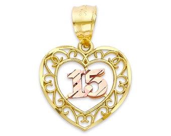 Two-Tone 10k/14k Solid Gold Quinceañera Heart Pendant: 15 Años Jewelry