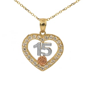10k Tri-Color Gold Cubic Zirconia Quince Anos Heart Necklace