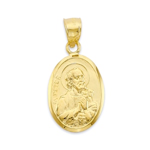Real Solid Gold Saint Peter Pendant in 10k or 14k, Oval Religious Medal Saint Protection Jewelry