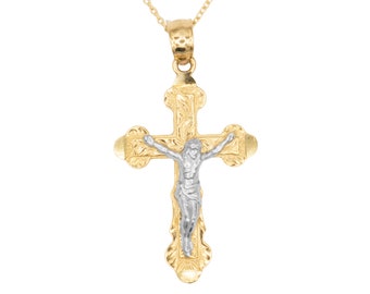 10k Gold Crucifix Necklace: Diamond Cut Religious Cross Pendant