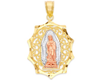 10k Gold Our Lady of Guadalupe Necklace with Diamond Cut Finish, Solid Gold La Virgen de Guadalupe Pendant with Option to Add Gold Chain