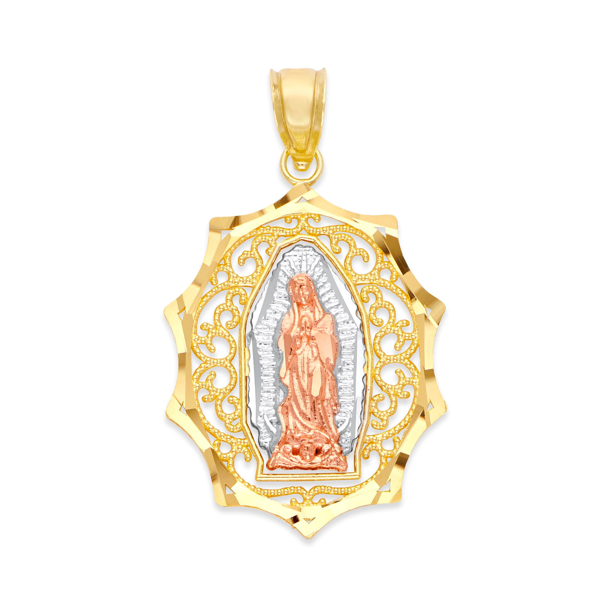Virgen de Guadalupe Pendant Charm Necklace Real 14K Solid Tricolor Gold Rose Virgen de Guadalupe Pendant Charm Necklace Real 14K Solid Tricolor Gold Rose