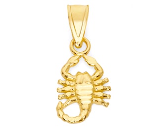 May include: A gold-colored scorpion pendant charm. The scorpion is detailed with textured lines and has a loop at the top for attaching to a chain.