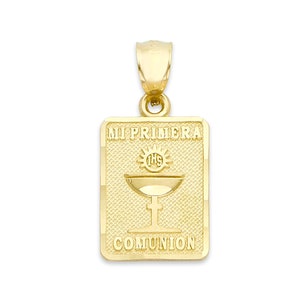 Massief gouden Mi Primera communie-medaillon verkrijgbaar in 10k of 14k cadeaus voor kinderen, doopcadeaus eerste communie hanger, Spaans religieus