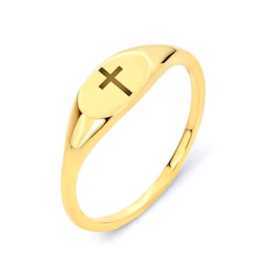 10k Gold Cross Signet Ring: Engraved Solid Gold Band