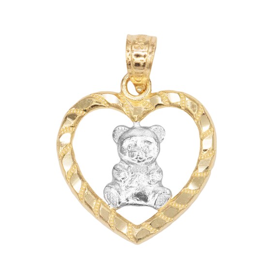 Real 14k Solid Gold Teddy Bear Charm In Heart Frame Diamond - Gold Teddy Bear Charm Pendant Real 14k Solid Gold Teddy Bear Charm In Heart Frame Diamond - Gold Teddy Bear Charm Pendant