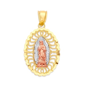 14k Tricolor Gold Virgen De Guadalupe Pendant Necklace: Diamond Cut Virgin Mary