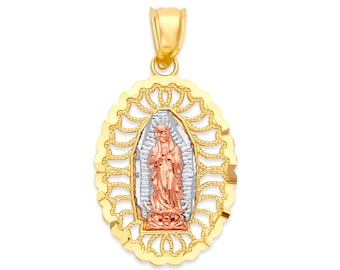 14k Tricolor Gold Virgen De Guadalupe Pendant Necklace: Diamond Cut Virgin Mary