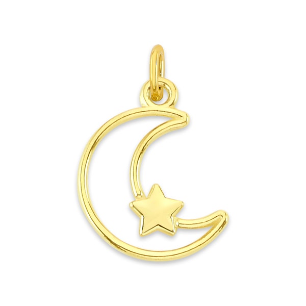 Real Solid Gold Moon and Star Charm Available in 10k or 14k Gold, Celestial Charm to attach to Charm Bracelet or Necklace