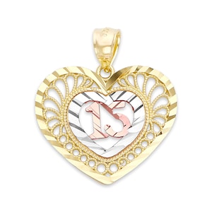 Tri-Color Gold 15 Años Pendant in 10k or 14k, Heart Quinceañera Jewelry, 15th Birthday Gifts for Her, Quince Anos Jewelry