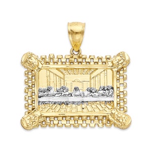 Large Real Solid 10k or 14k Gold Last Supper Pendant with Chain Link Frame for Mens Necklace, Gifts for Him Gold Religious Necklace