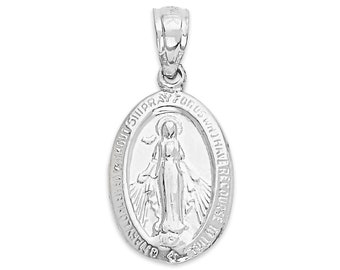 14k White Gold Miraculous Medal Pendant - Virgin Mary Medallion - Religious Jewelry - Catholic Faith Charm - Gift for Spiritual Protection