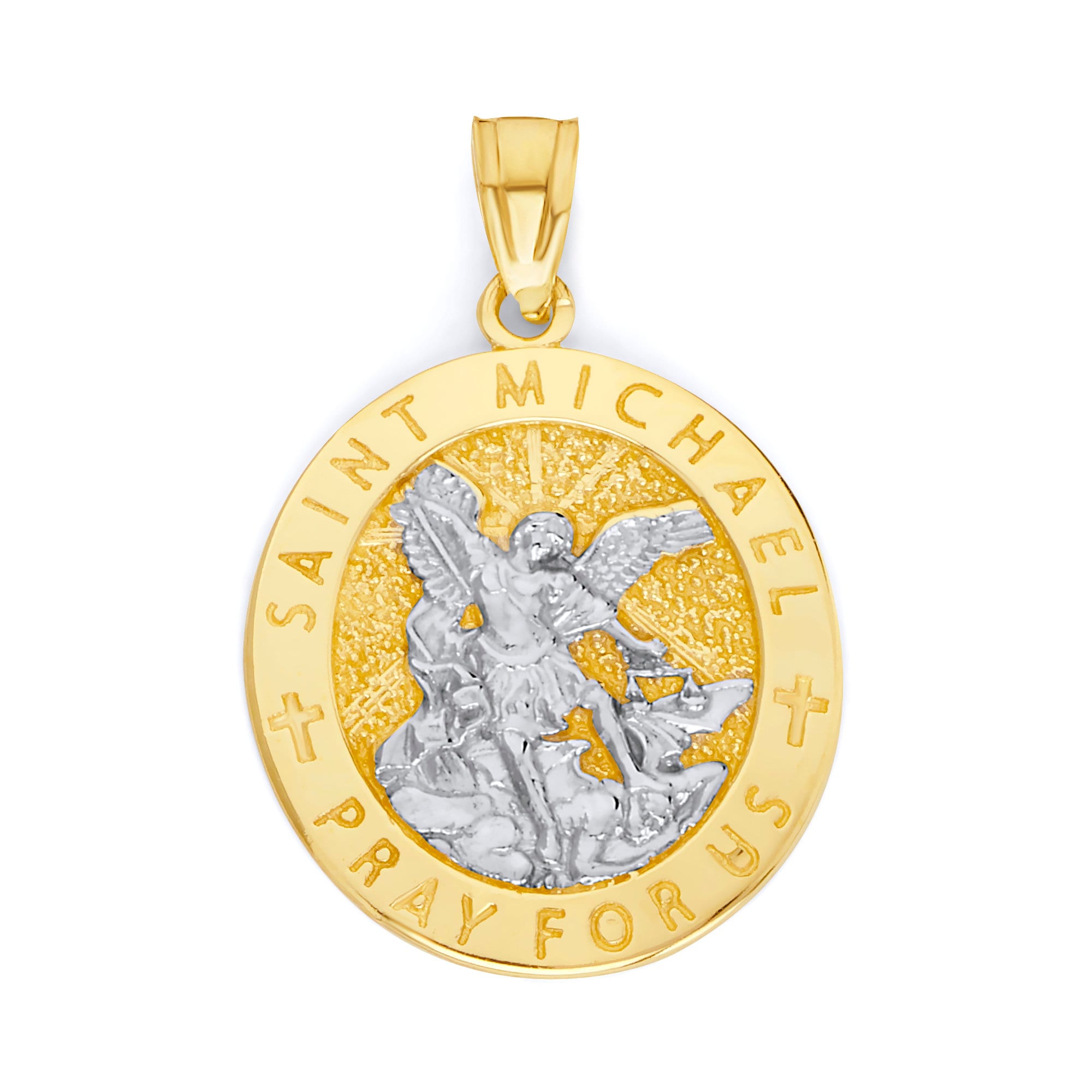 10k Solid Gold Saint Michael Medallion: Two-Tone Religious Pendant