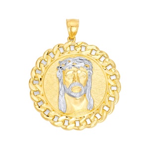10k Gold Jesus Head Pendant with Cuban Link Detail, Christian Jewelry, Jesus Piece Pendant for Necklace, Solid Gold Catholic Gifts For Him