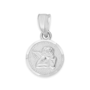 14k White Gold Angel Medallion: Diamond Cut Guardian Charm