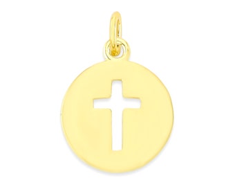 Solid Gold Cross Charm - 10k or 14k Faith-Inspired Round Gold Pendant Necklace- Religious Christian Gift