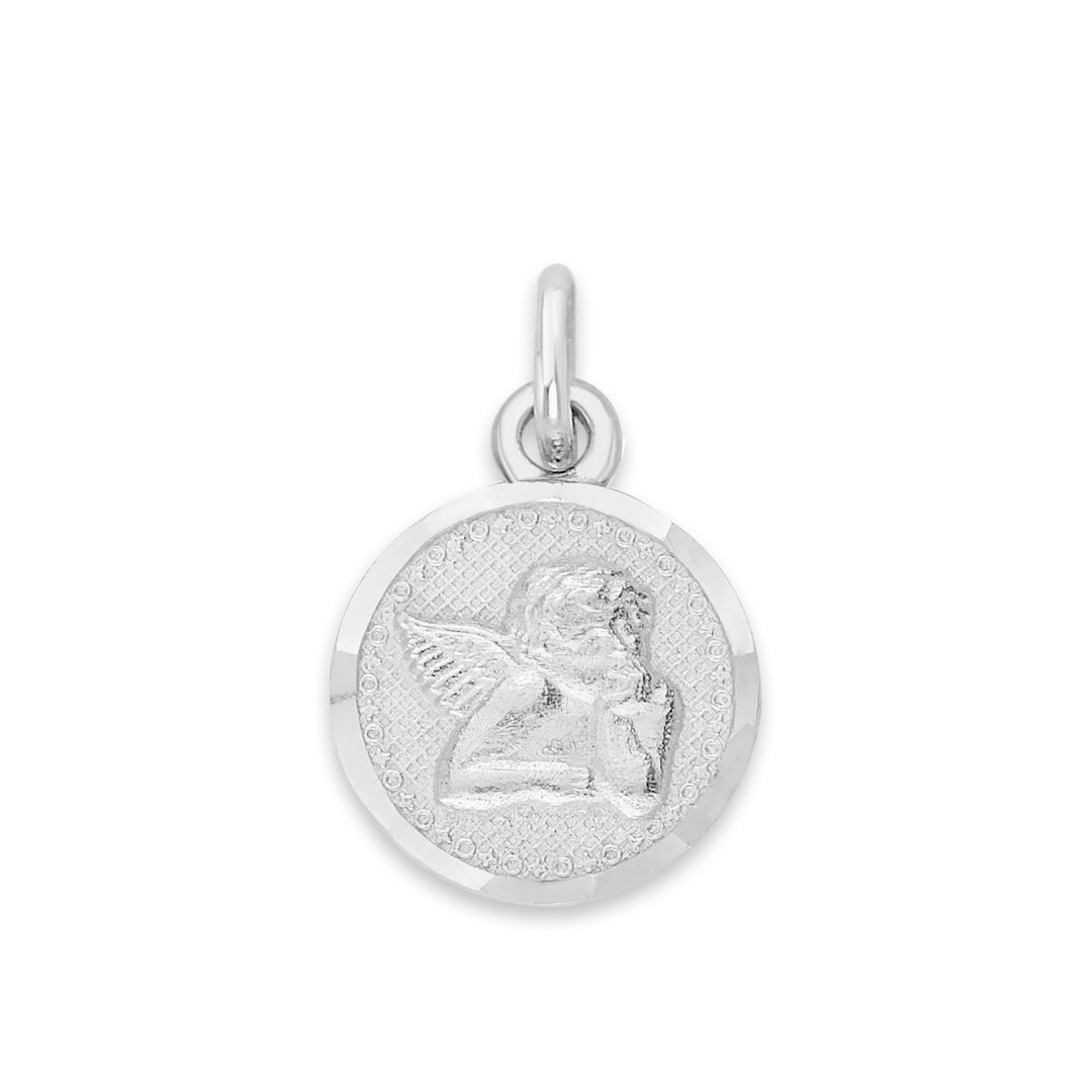 14k White Gold Angel Medallion Charm Guardian Angel Pendant, Round