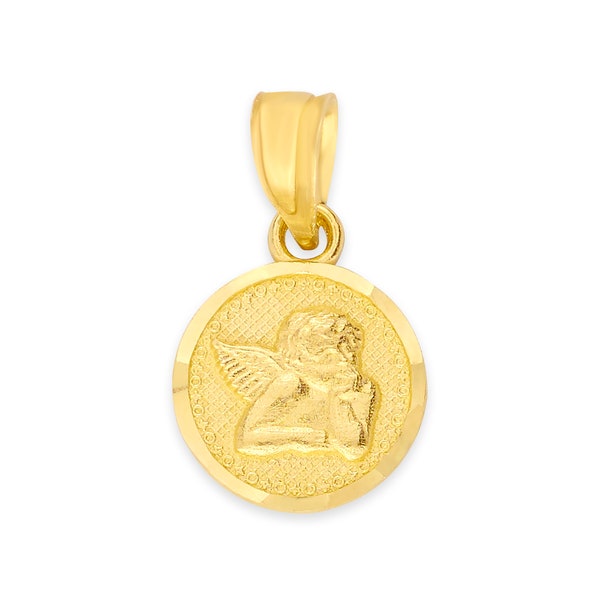 14k Solid Gold Angel Pendant Necklace: Diamond Cut Religious Gift