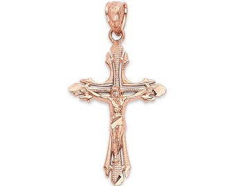 14k Solid Rose Gold Crucifix Pendant: Diamond Cut Religious Jewelry