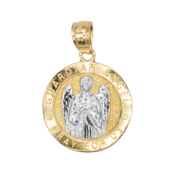 14K Solid White Gold Guardian Angel Medal Pendant Round Polished Necklace Charm
