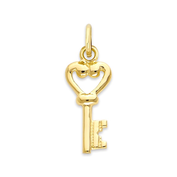 Real Solid Gold Heart Key Charm in 10k or 14k Gold, Dainty Heart Charm for Charm Bracelet or Charm Necklace