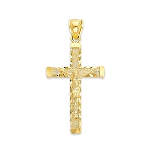 Gold Crucifix for Men, Solid 10k or 14k Gold Cross Pendant Catholic Jewelry Baptism Gifts for Him with Diamond Cut Detail Hip Hop Jewelry