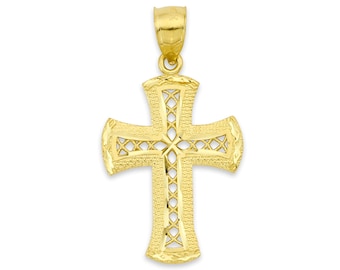 Colgante de cruz de celosía de oro macizo de 10k/14k - Joyería cristiana con corte de diamante
