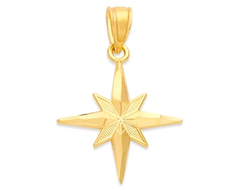 10k Solid Gold North Star Necklace: Diamond Cut Celestial Pendant